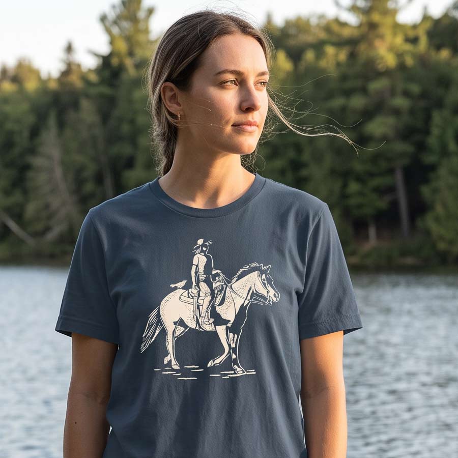 Woman wearing the Dust &amp; Reins Jersey Tee beside a freshwater lake, displaying the vintage cowgirl illustration.