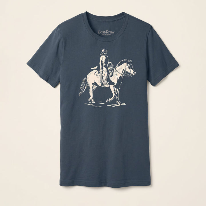 Front of the Dust &amp; Reins Jersey Tee in Vintage Navy featuring a cream-colored cowgirl riding a horse illustration.