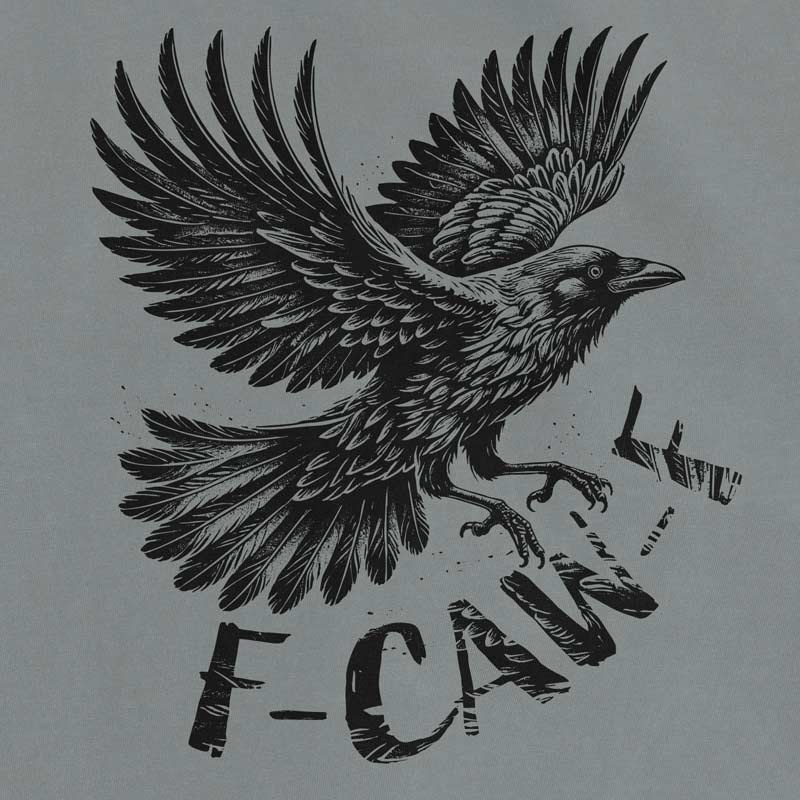 Close up of F-CAW-F Crow Comfort Colors 1717 Granite T-shirt