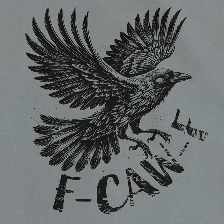 Close up of F-CAW-F Crow Comfort Colors 1717 Granite T-shirt