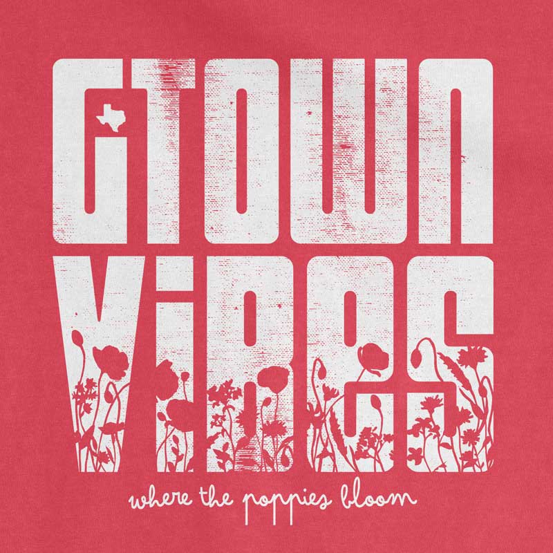 Close up of Georgetown Texas Vibes Tee, printed on a classic Comfort Colors 1717 Paprika t-shirt.