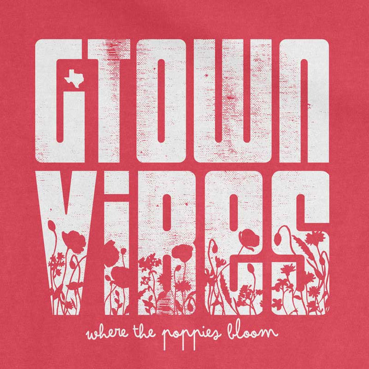 Close up of Georgetown Texas Vibes Tee, printed on a classic Comfort Colors 1717 Paprika t-shirt.