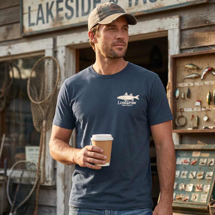Man wearing the On the Water Jersey Tee outside a bait shop, displaying the small Lost Draw Provisions chest logo.