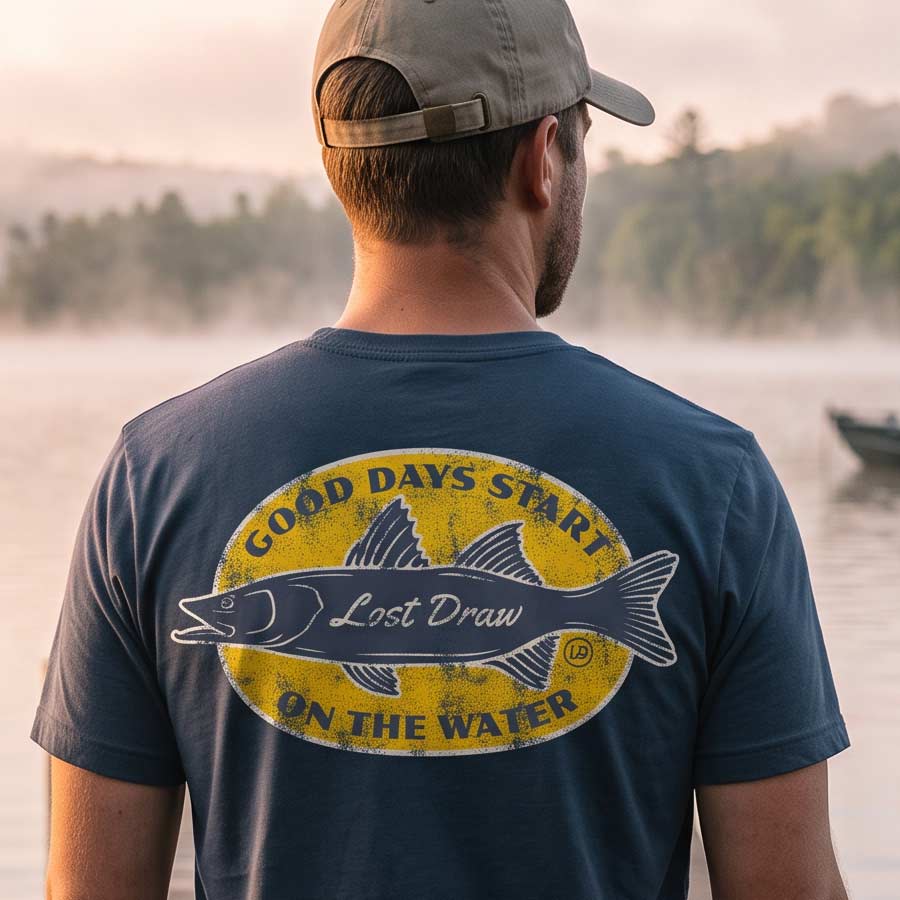 Man wearing the Vintage Navy On the Water fishing tee on a wooden dock at sunrise, showing the large fish back graphic.