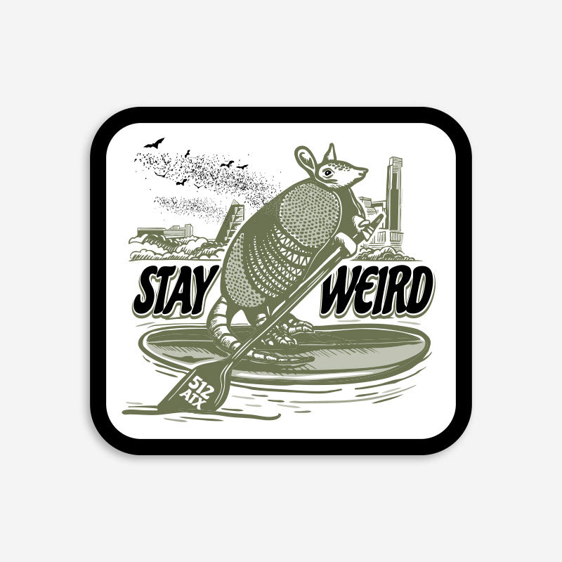 512 Austin Armadillo vinyl sticker featuring original Austin-inspired armadillo artwork with 512 details, printed on durable weather-resistant vinyl by Gusto Graphic Tees.