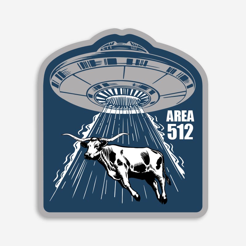 Area 512 vinyl sticker featuring a UFO beaming up a Texas longhorn with Austin-inspired artwork and bold 512 text.