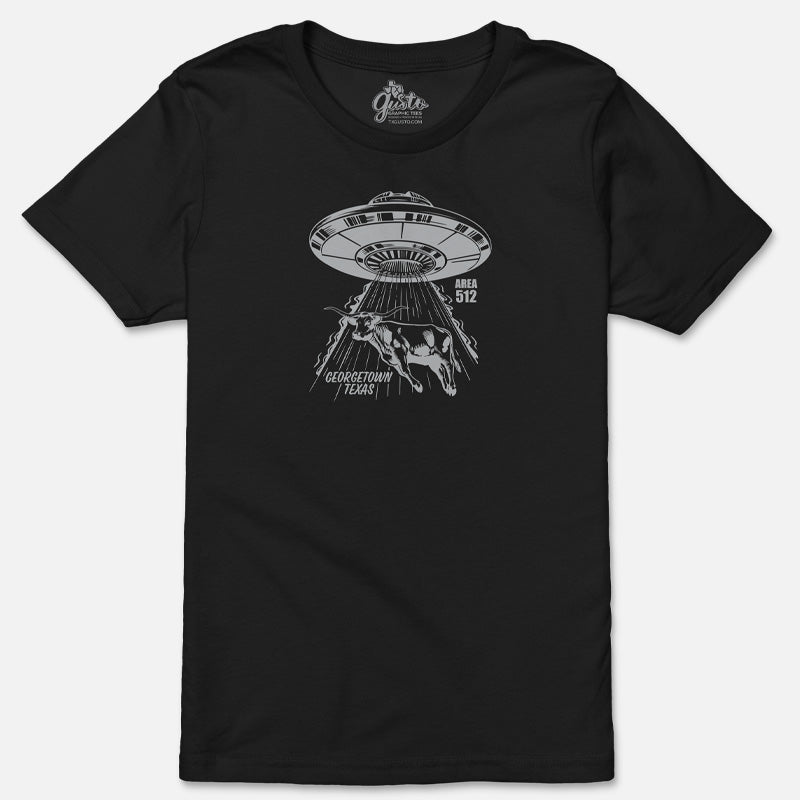 Black Georgetown Area 512 youth t-shirt featuring metallic silver UFO longhorn graphic printed on a Bella+Canvas 3001Y youth tee.