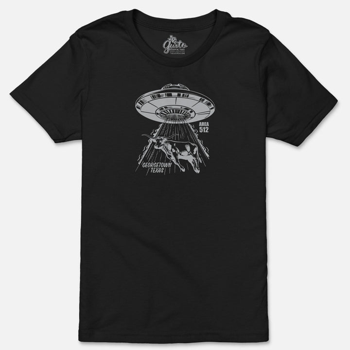 Black Georgetown Area 512 youth t-shirt featuring metallic silver UFO longhorn graphic printed on a Bella+Canvas 3001Y youth tee.