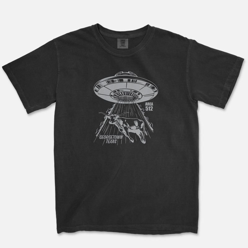 Black Comfort Colors 1717 unisex t-shirt featuring the Georgetown Area 512 UFO longhorn graphic printed in metallic silver ink.