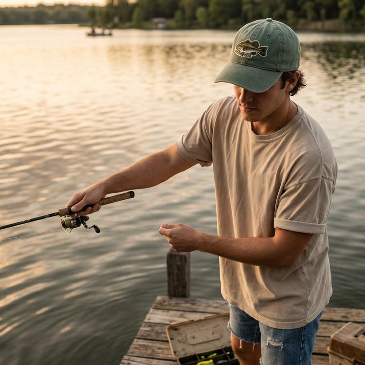 Person wearing ATX Bass Hat outdoors near a Texas lake
