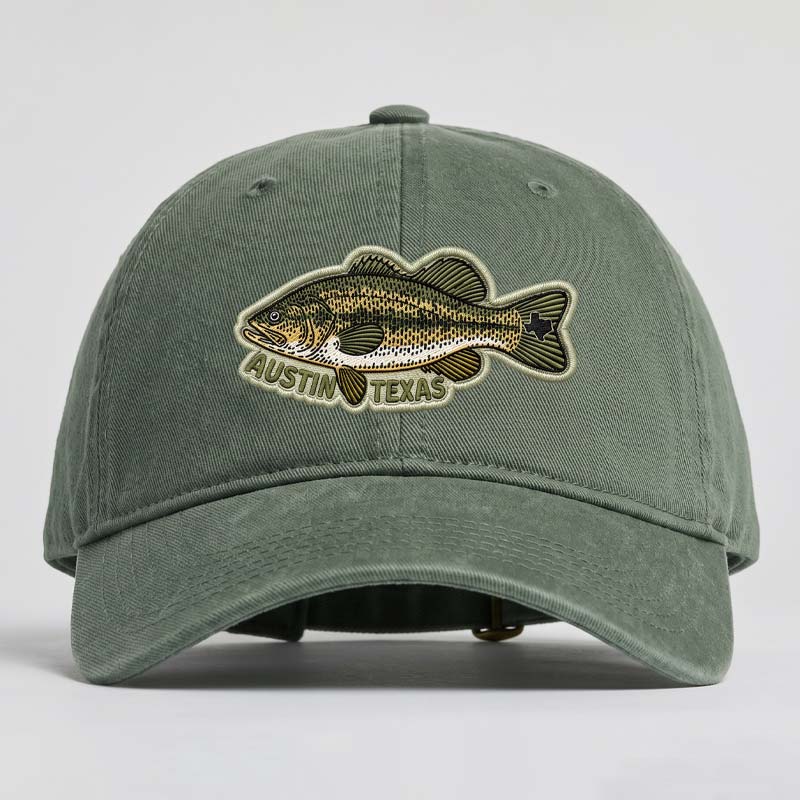 ATX Bass Hat featuring uv printed embroidered style largemouth bass patch on vintage washed cotton cap