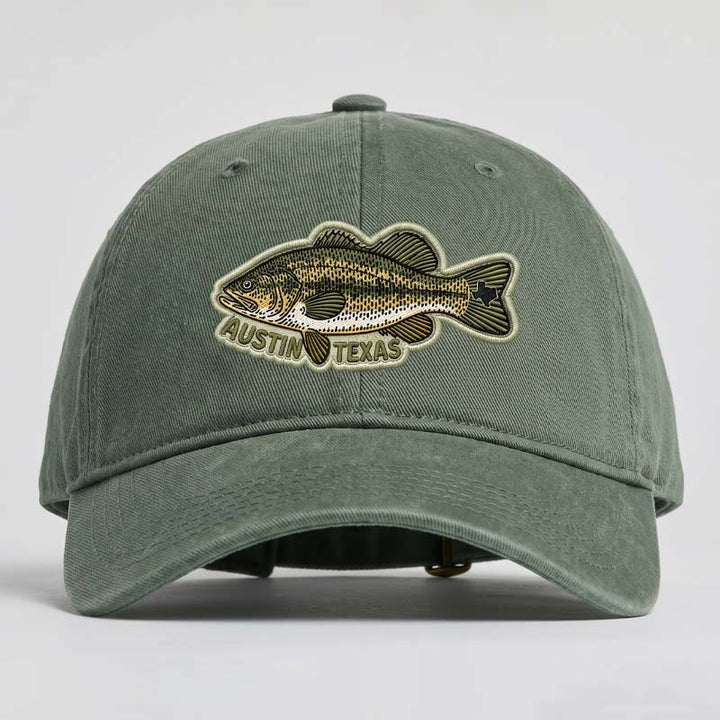 ATX Bass Hat featuring uv printed embroidered style largemouth bass patch on vintage washed cotton cap