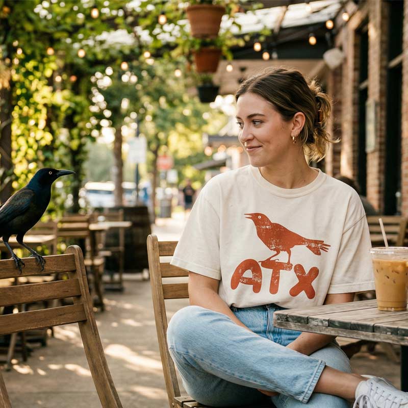 Woman sitting outdoors at a table with a grackle watching her, wearing an Austin Texas graphic tee with grackle and bold ATX text