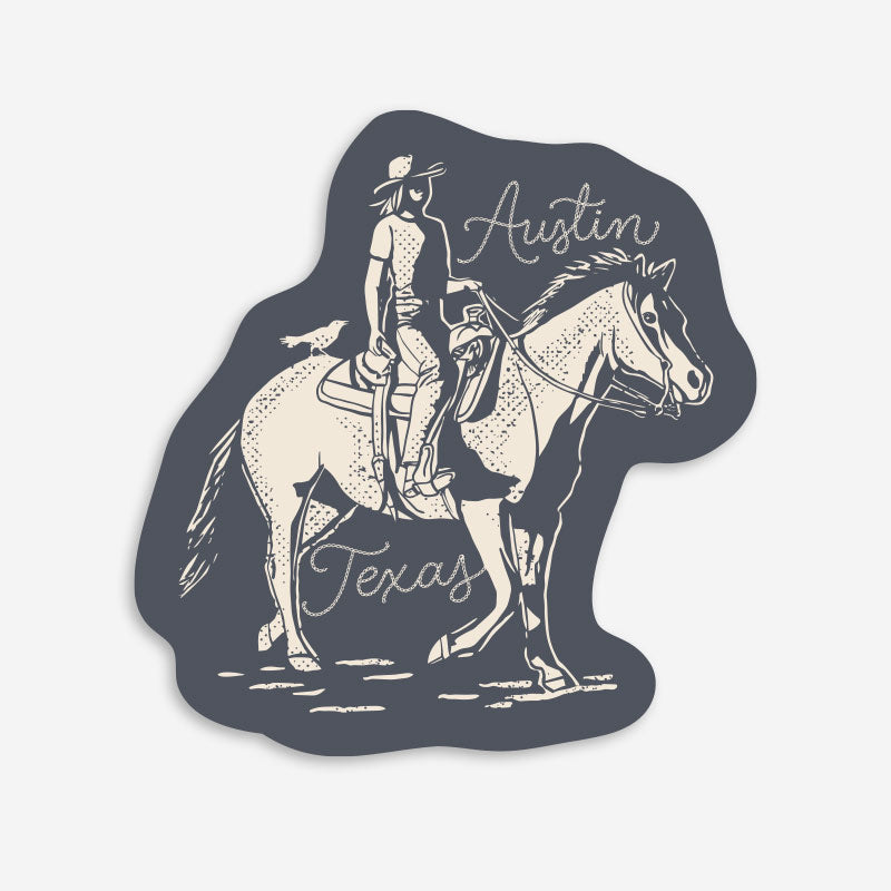 Dust & Reins Austin vinyl sticker featuring rugged western-inspired Austin artwork, printed on durable weather-resistant vinyl by Gusto Graphic Tees.