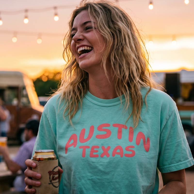 Woman wearing a Chalky Mint Comfort Colors 1717 Austin graphic t-shirt with coral ink while walking through South Congress in Austin, Texas.
