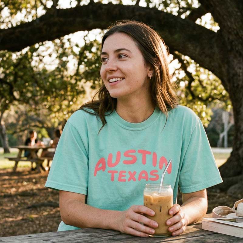 Woman in an Austin Pop women’s boxy t-shirt in Chalky Mint t-shirt holding a drink outdoors.