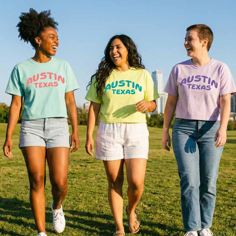 Three women walking outdoors wearing Relaxed fit Austin Texas women’s boxy t-shirts with bold rounded lettering