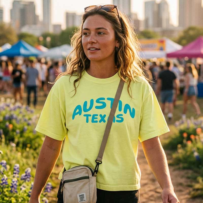 Woman wearing an Austin Texas pop graphic women’s boxy tee in Neon Lemon with blue, at an outdoor event with a cityscape in the background.