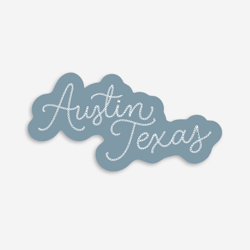 Chainstitch Austin vinyl sticker featuring vintage embroidered-style Austin lettering artwork, printed on durable weather-resistant vinyl by Gusto Graphic Tees.