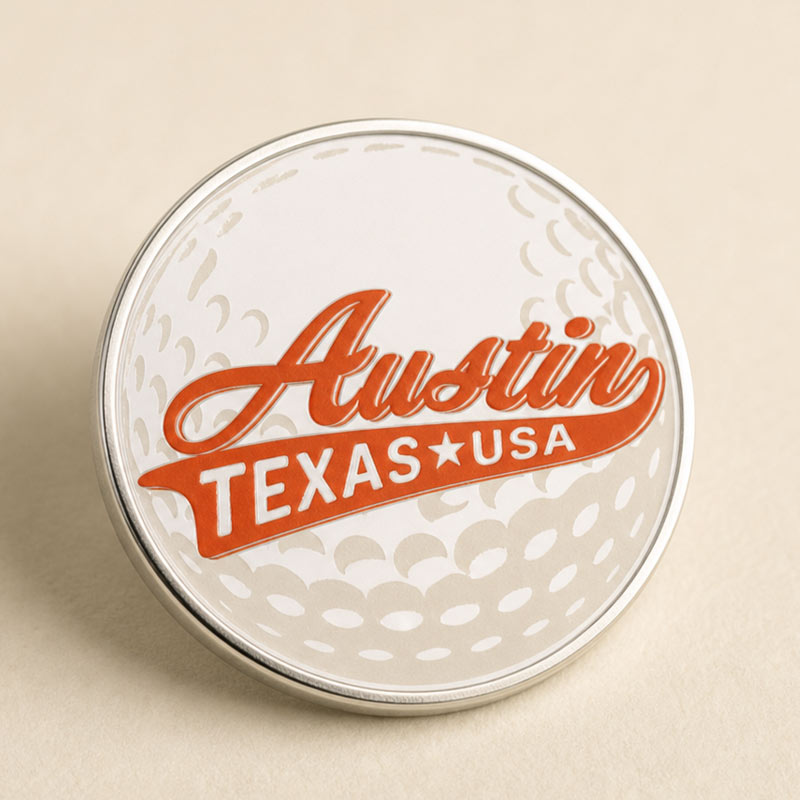 A round golf ball themed pinback button featuring &
