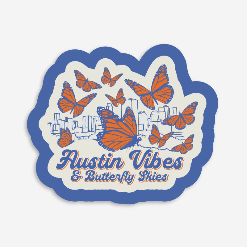 Butterfly Skies Austin vinyl sticker featuring colorful Austin-inspired butterfly artwork on a durable weather-resistant sticker designed by Gusto Graphic Tees.