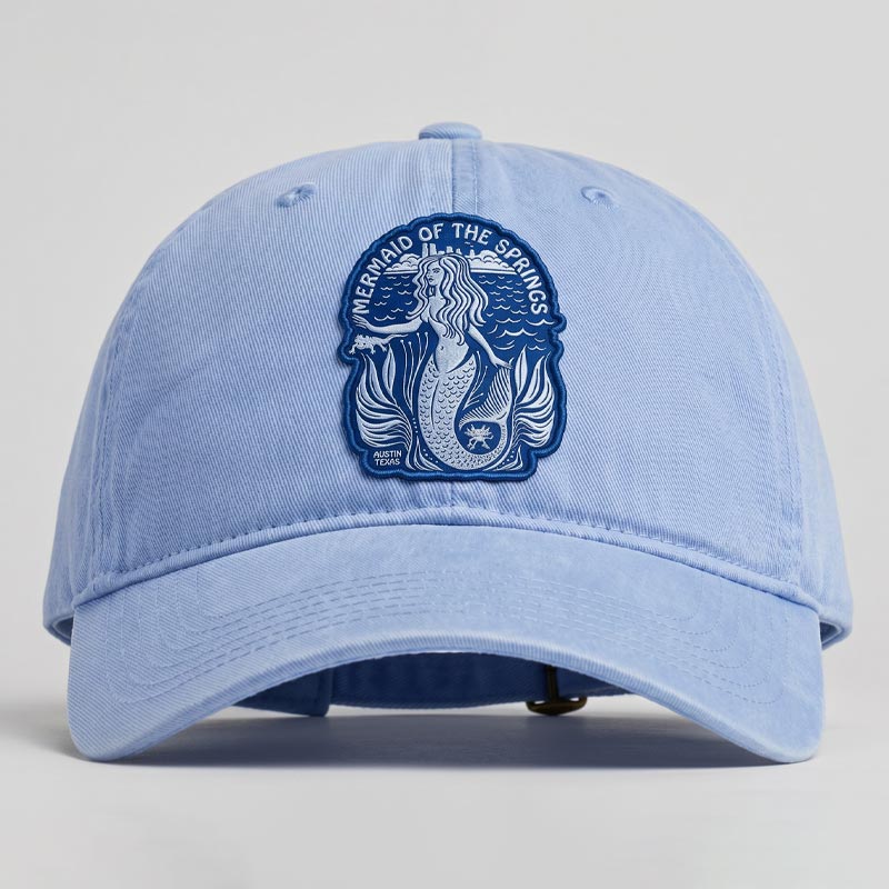 Chambray Barton Springs Mermaid Hat featuring blue embroidered mermaid patch inspired by Austin Texas