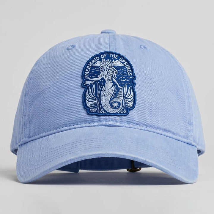 Chambray Barton Springs Mermaid Hat featuring blue embroidered mermaid patch inspired by Austin Texas
