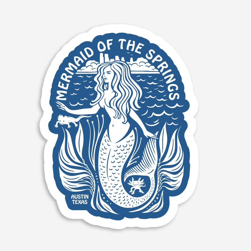 Barton Springs Mermaid vinyl sticker featuring original Austin-inspired mermaid artwork inspired by Barton Springs Pool, printed on durable weather-resistant vinyl.