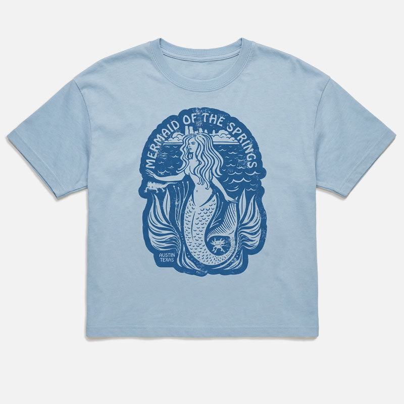 Flay lay front view of Barton Springs Mermaid women’s heavyweight t-shirt