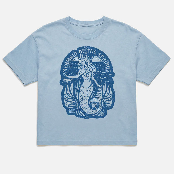 Flay lay front view of Barton Springs Mermaid women’s heavyweight t-shirt