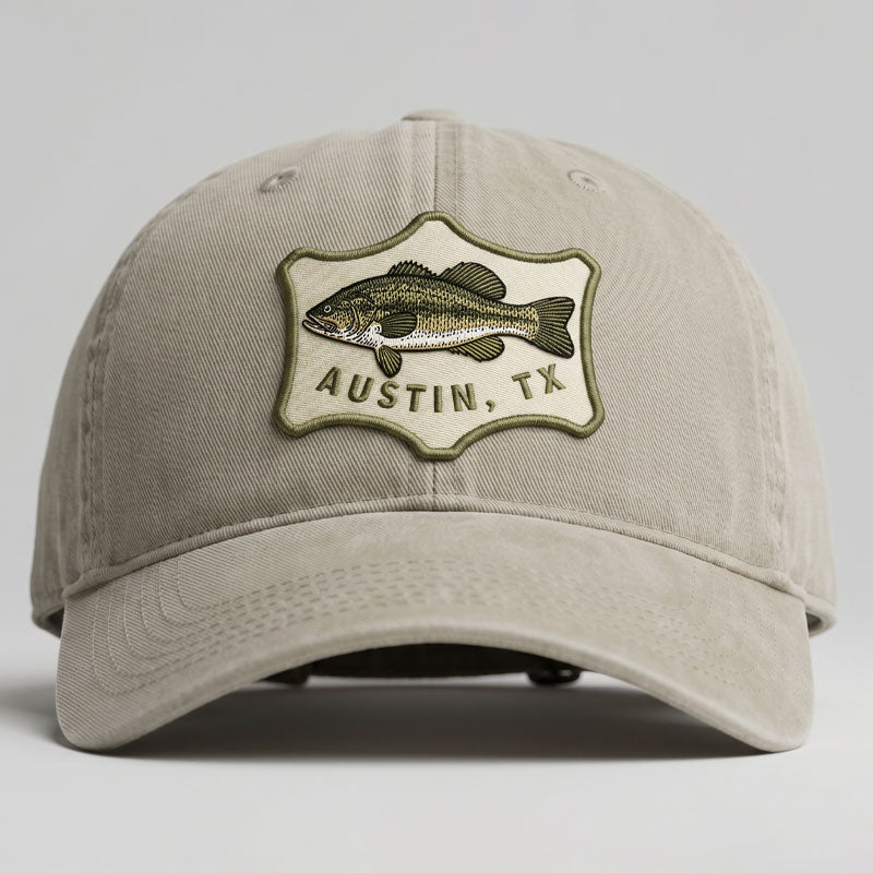 Austin Angler Hat in sandstone featuring vintage-style bass fish patch with Austin TX text