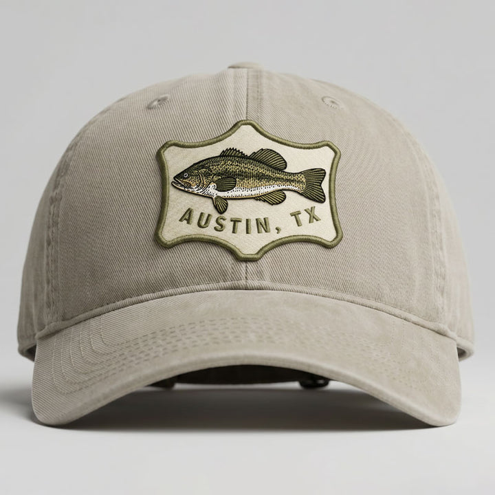 Austin Angler Hat in sandstone featuring vintage-style bass fish patch with Austin TX text