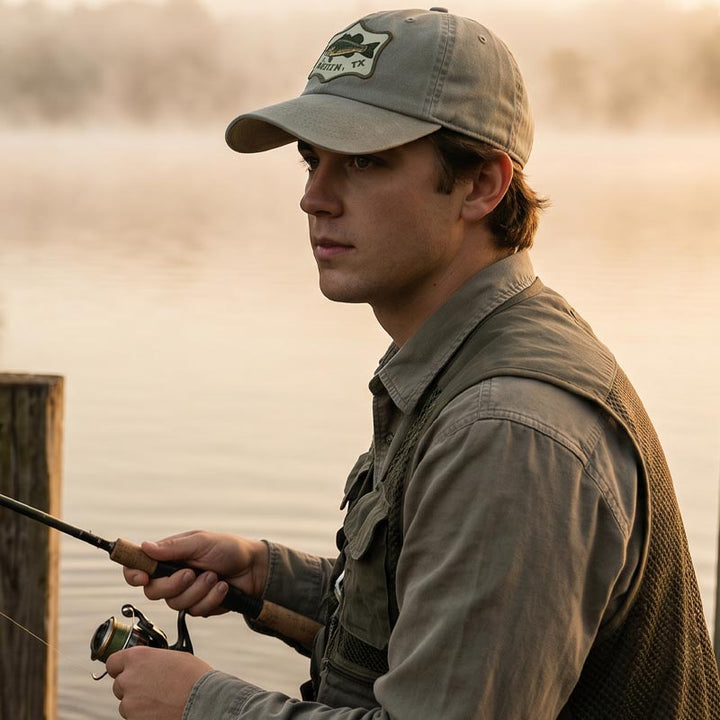 Person wearing Austin Angler Hat outdoors near a Texas lake