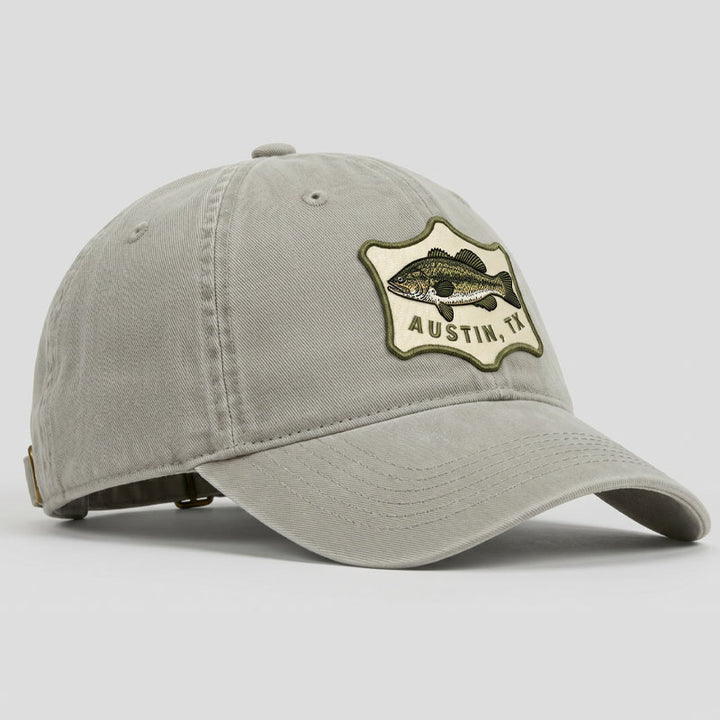 Austin Angler Hat in sandstone featuring vintage-style bass fish patch with Austin TX text