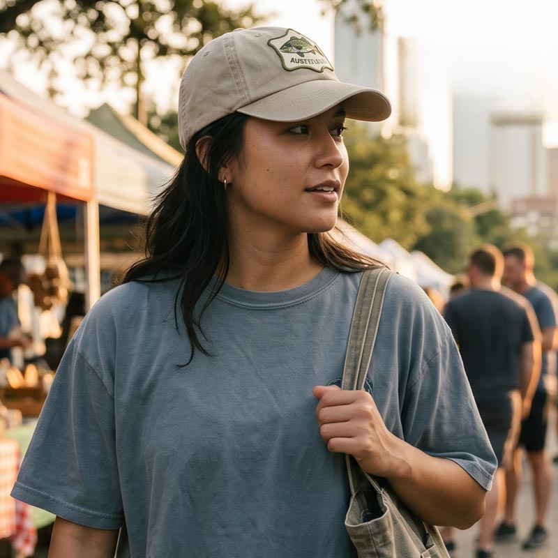 Person wearing Austin Angler Hat outdoors near a Texas lake
