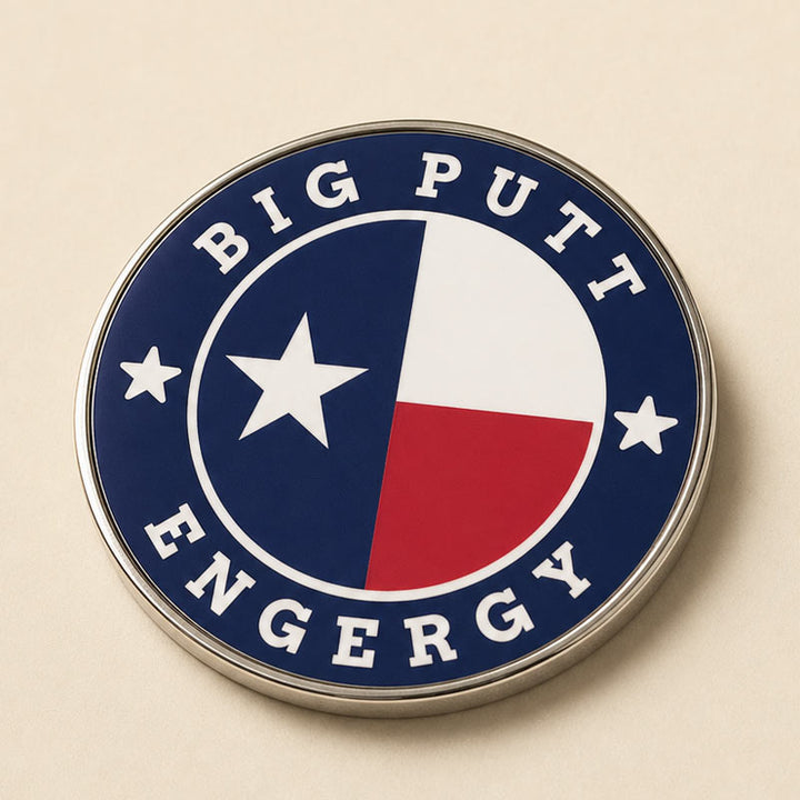 A round enamel pin featuring a Texas flag-inspired design with the words &