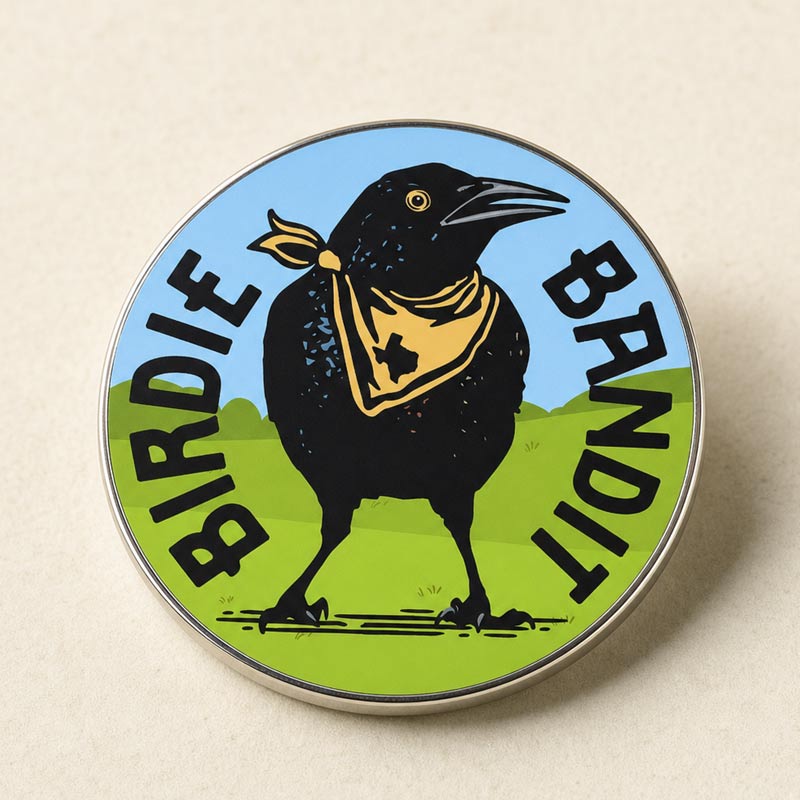 A round enamel pin featuring a black bird wearing a yellow bandana, with the words &