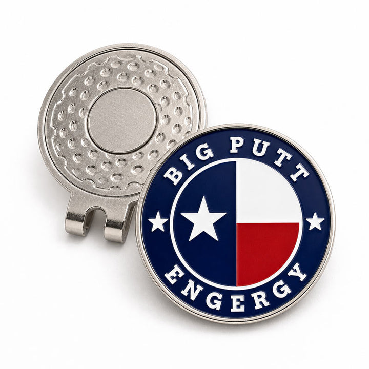 A silver metal golf divot clip shown from both front and back. The front features an enamel face with the Texas flag colors (blue, white, and red) and the text &