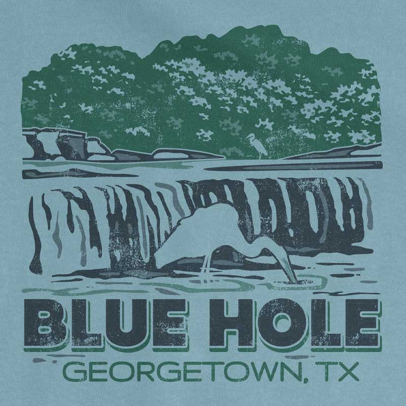 T-shirt design with a graphic of a person diving into a blue hole and text 'Blue Hole Georgetown, TX' on a light blue background.
