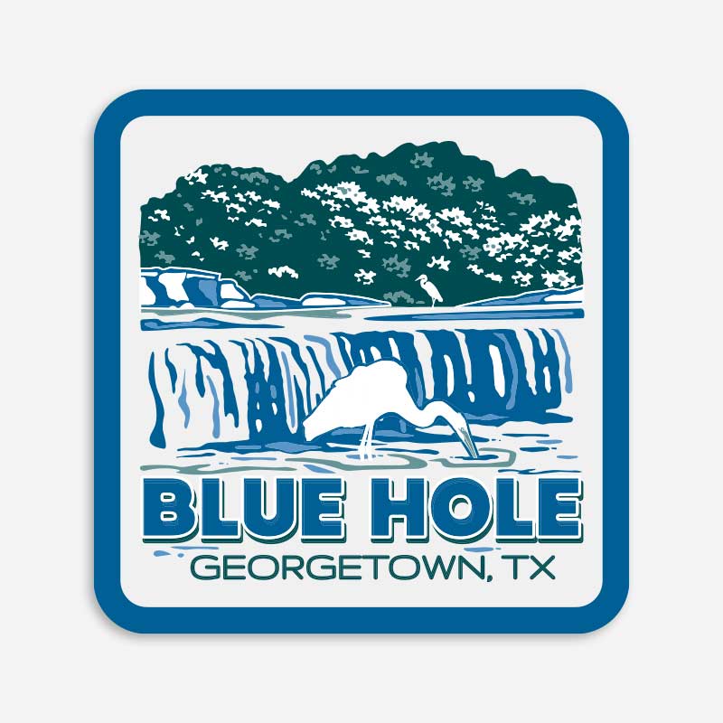 Blue Hole Georgetown vinyl sticker featuring limestone falls, water, and wildlife inspired by Blue Hole Park in Georgetown, Texas.