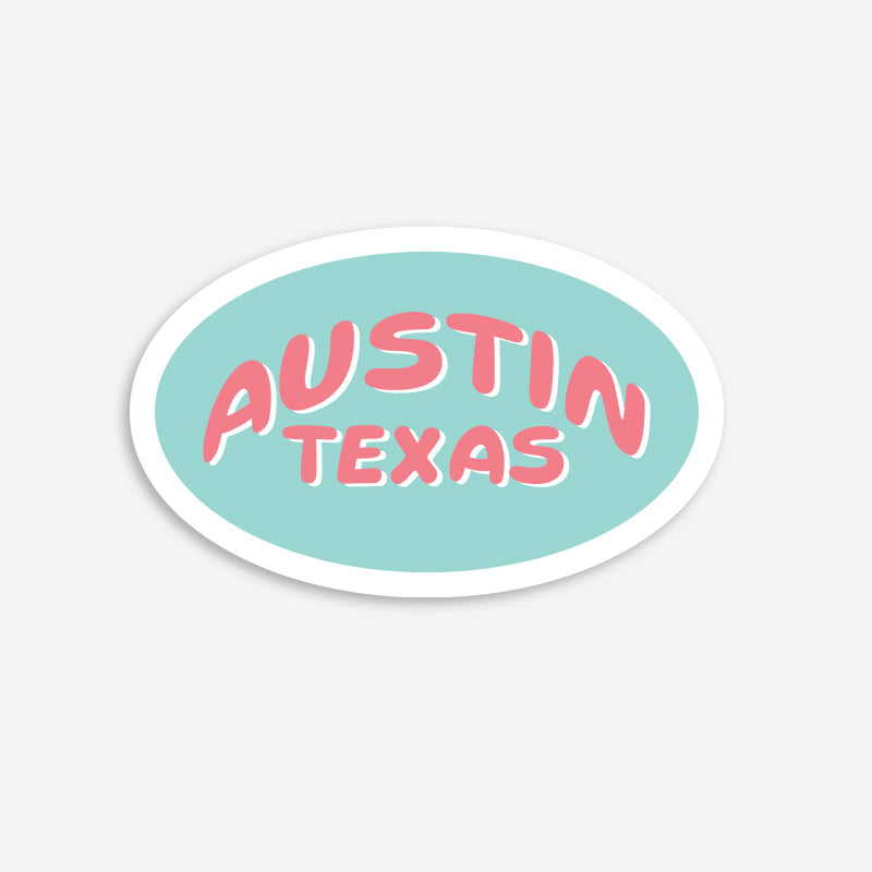 Austin Pop vinyl sticker featuring colorful Austin-inspired artwork, printed on durable weather-resistant vinyl by Gusto Graphic Tees.