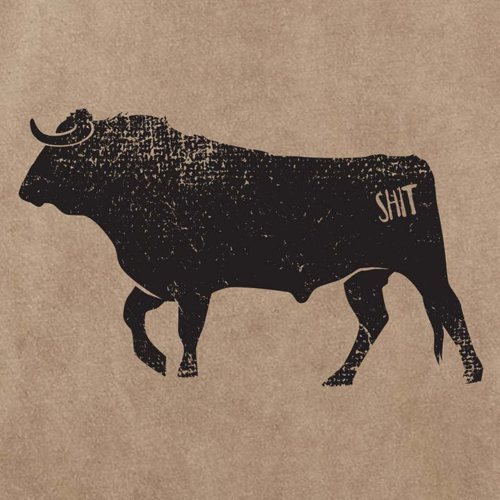 A black bull silhouette with a distressed, textured print on a warm tan paper-like background. The word &