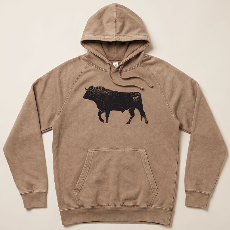A brown hooded sweatshirt with a black bull graphic on the chest, laid flat against a light beige background.