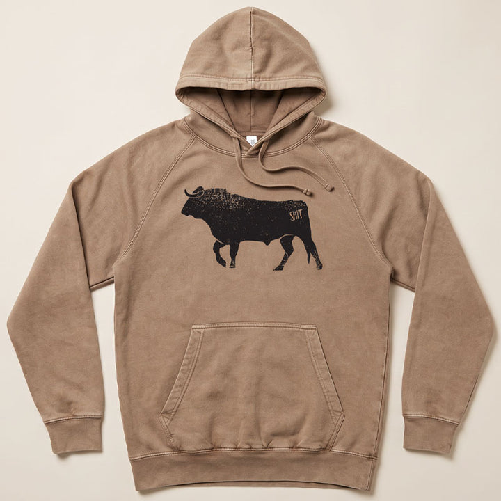 A brown hooded sweatshirt with a black bull graphic on the chest, laid flat against a light beige background.