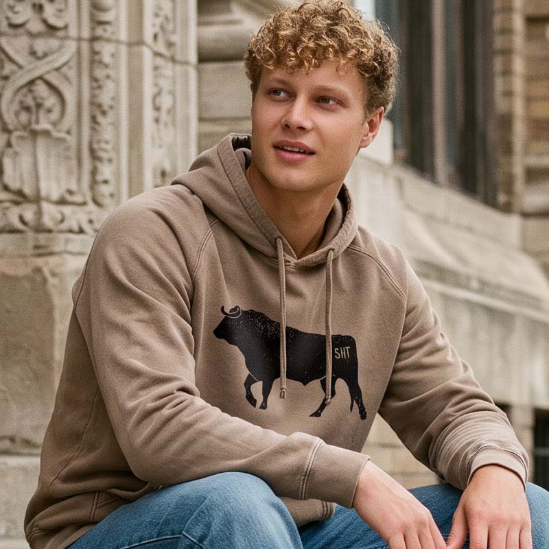 A young man with curly blond hair wearing a beige hoodie with a black bull graphic and the word &
