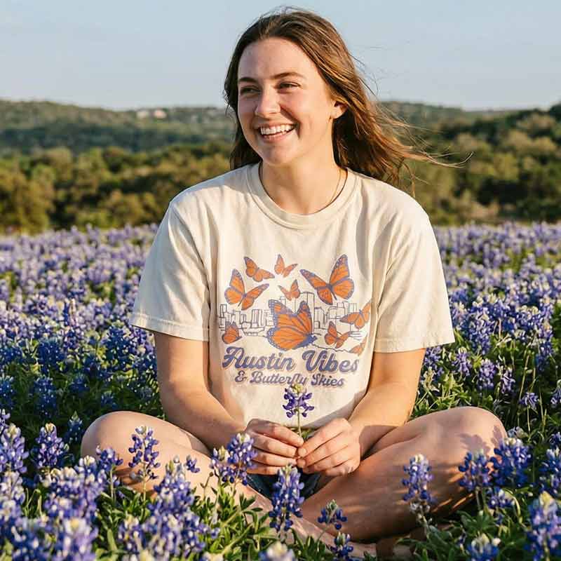 Woman sitting in a field of purple flowers wearing an Austin Vibes and Butterfly Skies graphic tee with orange and blue butterflies