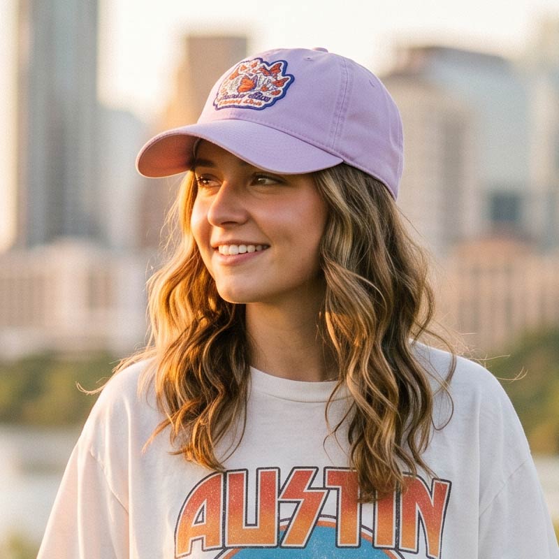 Woman wearing Butterfly Skies Hat outdoors in Austin Texas during sunset
