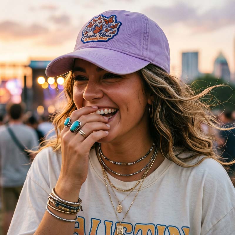 Woman wearing Butterfly Skies Hat outdoors in Austin Texas during sunset
