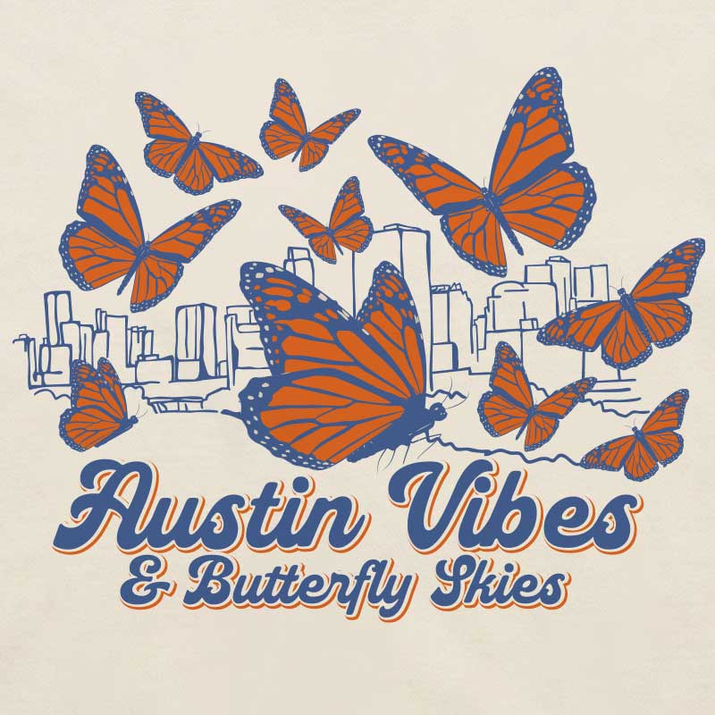 Close-up of butterfly graphic with Austin skyline illustration