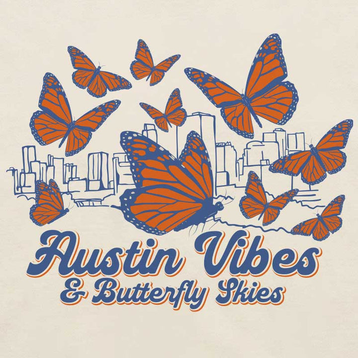 Close-up of butterfly graphic with Austin skyline illustration